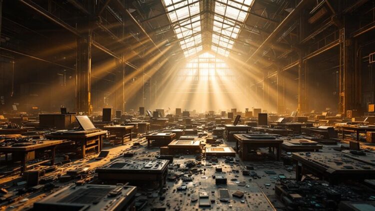 Abandoned factory interior with sunlight streaming through windows, rows of broken desks and scattered debris on the floor.
