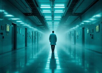 Scientist in a lab coat walks down a foggy, neon-lit sterile hallway with doors on both sides.