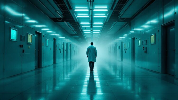 Scientist in a lab coat walks down a foggy, neon-lit sterile hallway with doors on both sides.