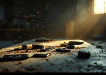 Dusty workshop bench scattered with broken smartphones and camera parts, sunlight streaming through a window and dust motes in the air.