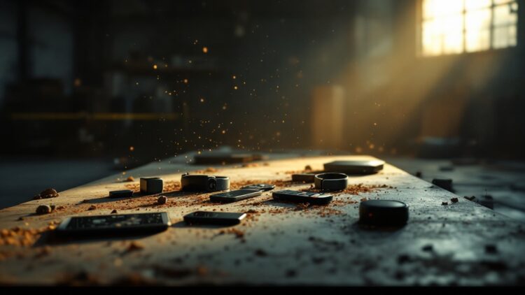 Dusty workshop bench scattered with broken smartphones and camera parts, sunlight streaming through a window and dust motes in the air.