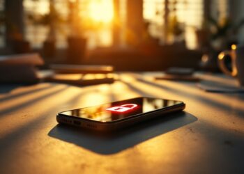 Smartphone on a sunlit desk showing a red lock icon on the screen, suggesting phone security.