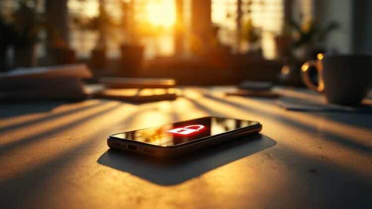 Smartphone on a sunlit desk showing a red lock icon on the screen, suggesting phone security.