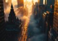 Sunlit city street at dawn shrouded in fog between tall skyscrapers, with pedestrians along the sidewalk and orange glow filling the scene.