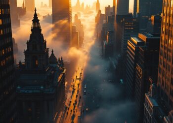 Sunlit city street at dawn shrouded in fog between tall skyscrapers, with pedestrians along the sidewalk and orange glow filling the scene.