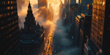 Sunlit city street at dawn shrouded in fog between tall skyscrapers, with pedestrians along the sidewalk and orange glow filling the scene.