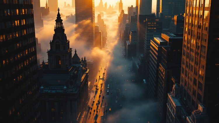 Sunlit city street at dawn shrouded in fog between tall skyscrapers, with pedestrians along the sidewalk and orange glow filling the scene.