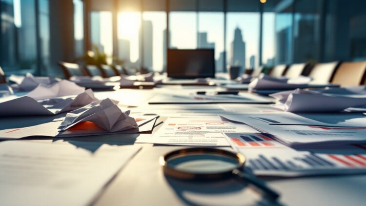 Conference table with scattered reports, charts, and a magnifying glass; city skyline visible through windows in the background.