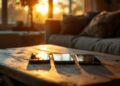 Three smartphones lined up on a rustic wooden coffee table bathed in sunset light in a cozy living room.