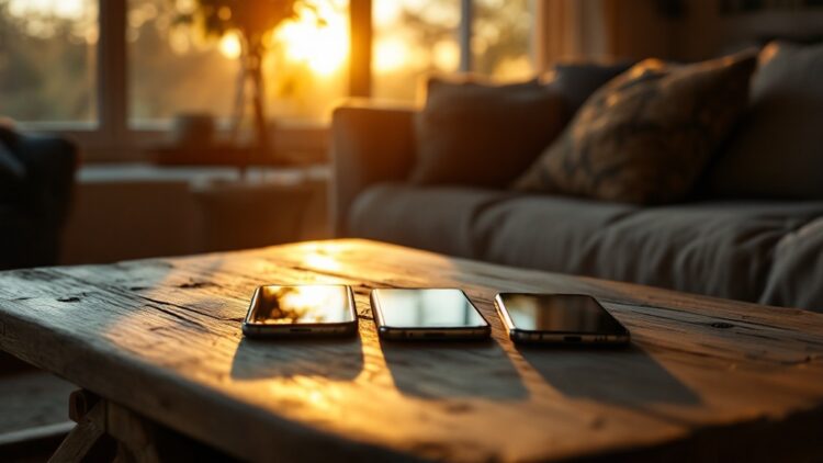 Three smartphones lined up on a rustic wooden coffee table bathed in sunset light in a cozy living room.