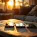 Three smartphones lined up on a rustic wooden coffee table bathed in sunset light in a cozy living room.