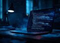 Laptop on a desk displaying lines of code in a dark blue-lit office setting
