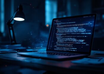 Laptop on a desk displaying lines of code in a dark blue-lit office setting