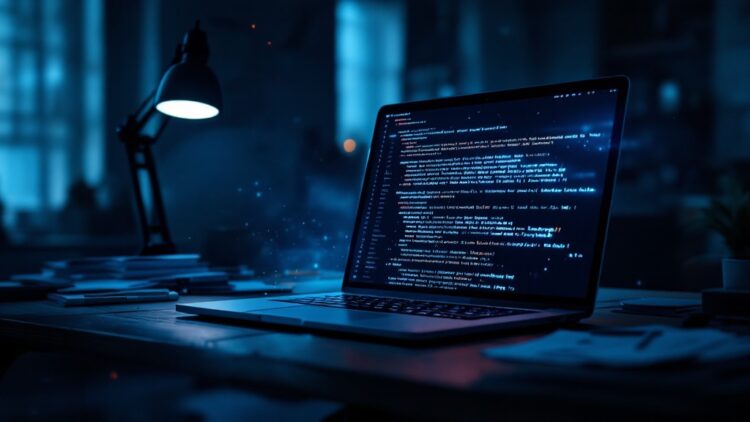 Laptop on a desk displaying lines of code in a dark blue-lit office setting