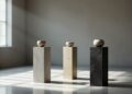 Three rectangular pedestals of varying colors (gray, beige, black) each with a small clay bowl on top in a minimalist gallery setting.