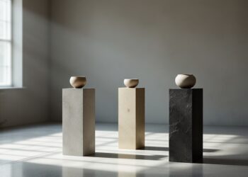 Three rectangular pedestals of varying colors (gray, beige, black) each with a small clay bowl on top in a minimalist gallery setting.