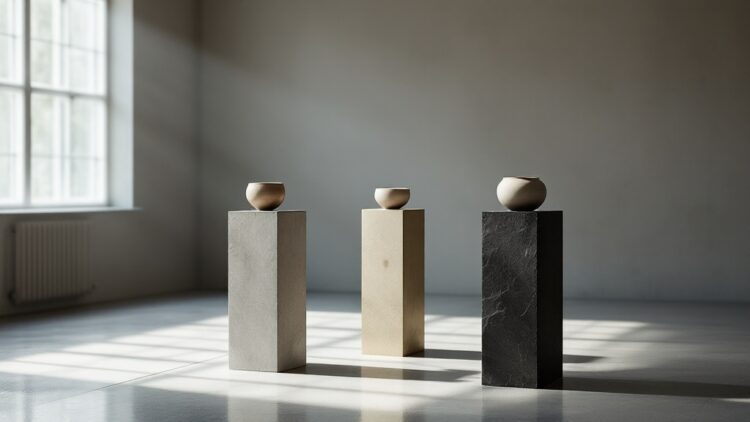 Three rectangular pedestals of varying colors (gray, beige, black) each with a small clay bowl on top in a minimalist gallery setting.