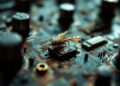 Close-up of a dead mosquito perched on a circuit board among chips and capacitors.