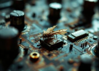 Close-up of a dead mosquito perched on a circuit board among chips and capacitors.