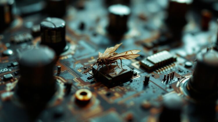 Close-up of a dead mosquito perched on a circuit board among chips and capacitors.