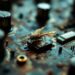 Close-up of a dead mosquito perched on a circuit board among chips and capacitors.