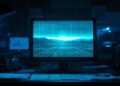 Monitor in a dim lab showing a blue grid landscape with mountains, illuminated by blue light on a cluttered desk
