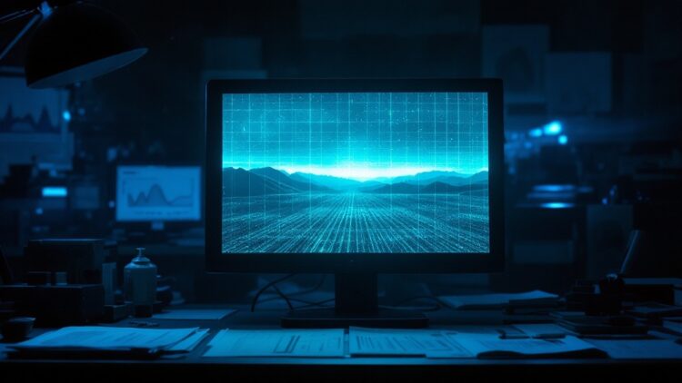 Monitor in a dim lab showing a blue grid landscape with mountains, illuminated by blue light on a cluttered desk