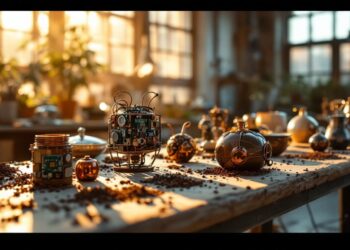Workbench bathed in warm light with various steampunk gadgets and circuitry scattered on a wooden table