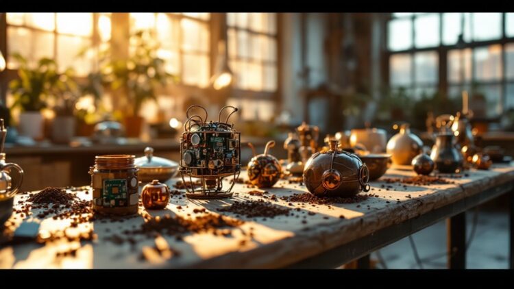 Workbench bathed in warm light with various steampunk gadgets and circuitry scattered on a wooden table