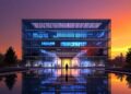 Modern glass-front office building at sunset, with blue-lit interior and a calm reflecting pool showing the façade and a lone figure at the entrance.