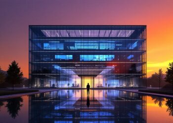 Modern glass-front office building at sunset, with blue-lit interior and a calm reflecting pool showing the façade and a lone figure at the entrance.