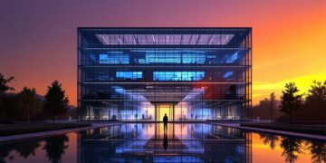 Modern glass-front office building at sunset, with blue-lit interior and a calm reflecting pool showing the façade and a lone figure at the entrance.