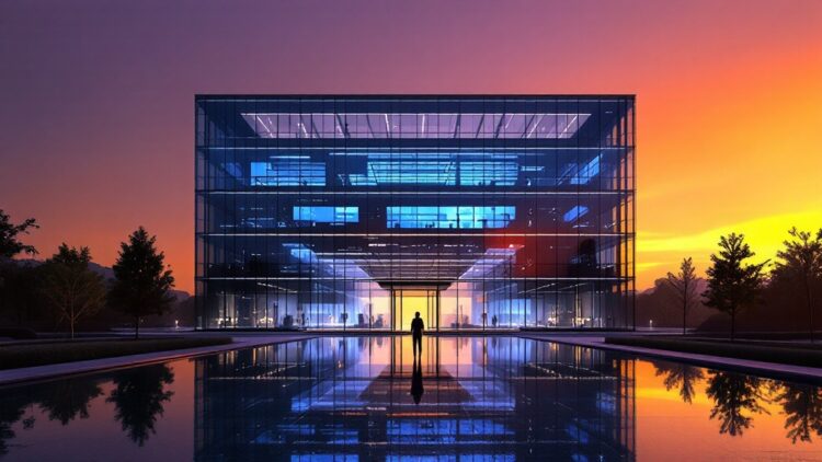 Modern glass-front office building at sunset, with blue-lit interior and a calm reflecting pool showing the façade and a lone figure at the entrance.