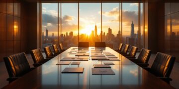 Empty corporate conference room with a long wooden table, leather chairs, and folders arranged for a meeting, overlooking a sunset city skyline through floor‑to‑ceiling windows.