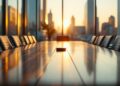 Sunset city skyline visible through floor-to-ceiling windows behind a long conference table with leather chairs behind it.