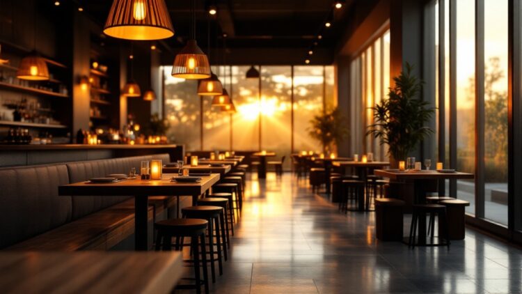 Restaurant dining area bathed in golden sunset light, with warm pendant lamps and candles on tables.
