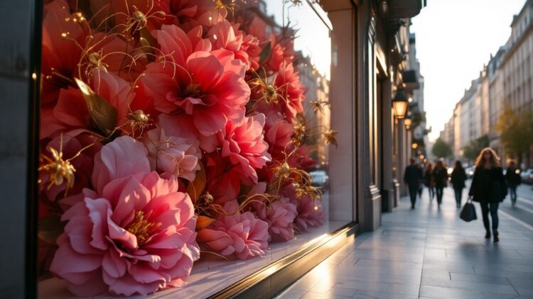 Close-up of pink flowers in a shop window with a city sidewalk and pedestrians at sunset.