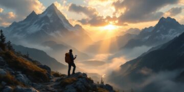 Hiker with backpack standing on a rocky ridge watching sunrise over misty valley and snow-capped mountains.