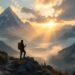 Hiker with backpack standing on a rocky ridge watching sunrise over misty valley and snow-capped mountains.