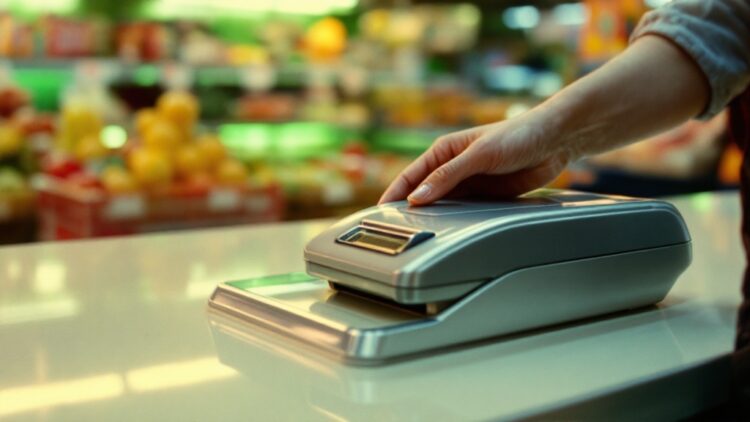 Hand on a card payment terminal at a grocery store checkout.