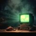 Vintage computer setup in a dark workshop, glowing green screen with retro hardware and a brain model on the desk.