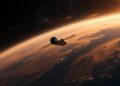 A spacecraft flies above a swirling orange planet as sunlight bursts from the horizon in the distance, with stars and moons in space beyond.