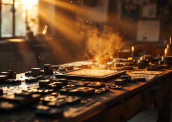 Sunlit workshop: a control panel with many knobs and a glowing tablet at the center.