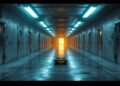 Long, blue-tinted industrial hallway with doors on both sides and a small wheeled cart in the center, ending at a bright orange exit light.