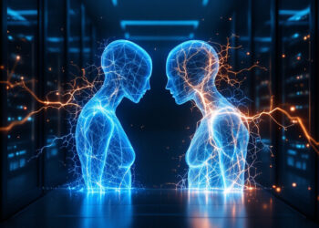 Two glowing, translucent human figures face each other in a data-center environment, connected by electric blue and orange neural-like circuits.