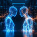 Two glowing, translucent human figures face each other in a data-center environment, connected by electric blue and orange neural-like circuits.