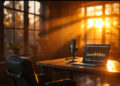 A podcast setup on a wooden desk: microphone, open laptop showing audio waves, sunset light streaming through windows behind.