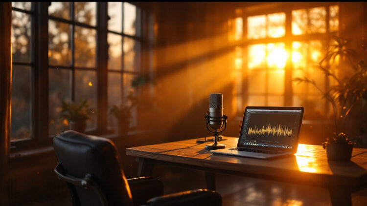 Ahşap bir masanın üzerinde bir podcast kurulum: mikrofon, ses dalgalarını gösteren açık bir dizüstü bilgisayar ve arkadaki pencerelerden içeri süzülen gün batımı ışığı.