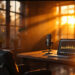 A podcast setup on a wooden desk: microphone, open laptop showing audio waves, sunset light streaming through windows behind.