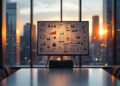 Presentation board with charts on an easel in a modern office, sunset cityscape visible through large windows
